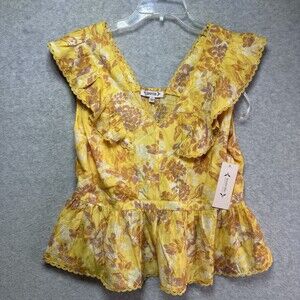 $58 NWT Nanette Lenore Yellow Top Ruffle Sleeve Blouse Peplum Floral Boho Hippie